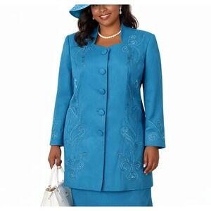 Vtg Stella Louise For KB Size 20W Turquoise Blue Embellished LongLine Blazer EUC